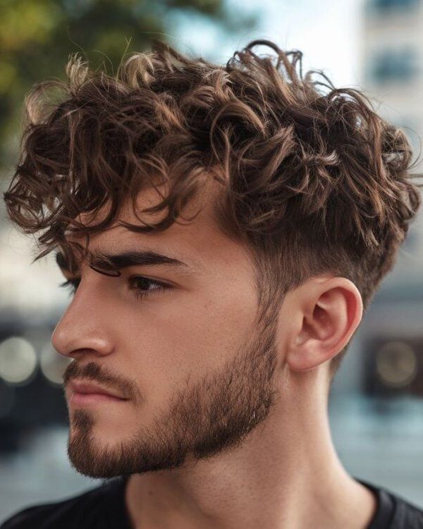 thick curly with low fade