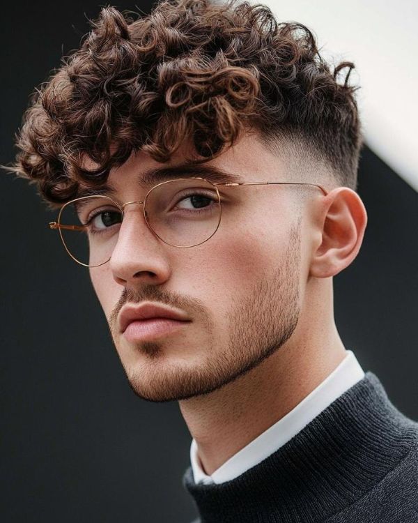Messy Curly Hair with Taper Fade