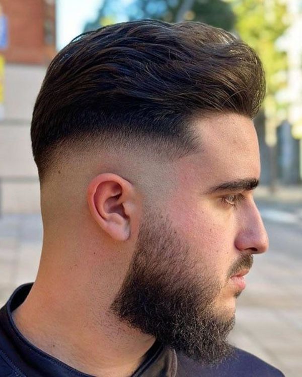 Short Slick Back with Mid Skin Fade and Beard