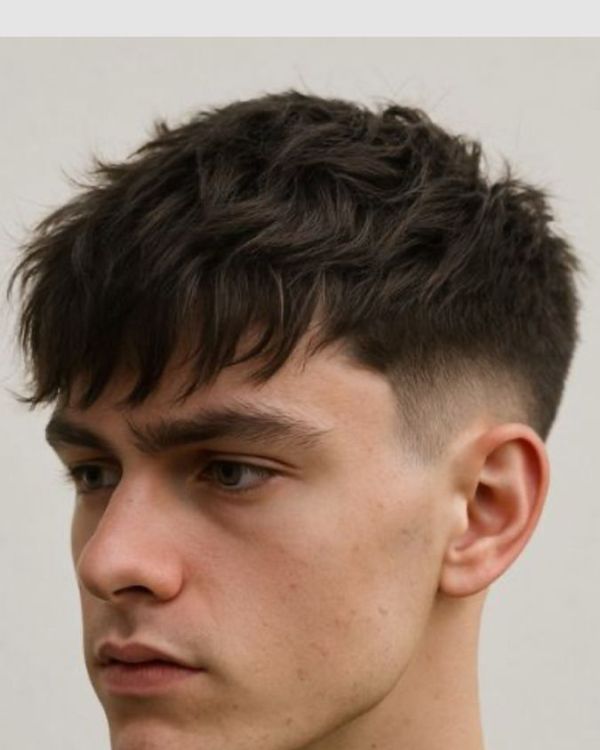 Thick Textured Crop Fade with Brushed Up Fringe